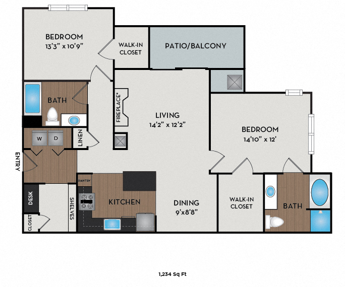 Floor plan for 2 beds, 2 baths, 1234 sqft
