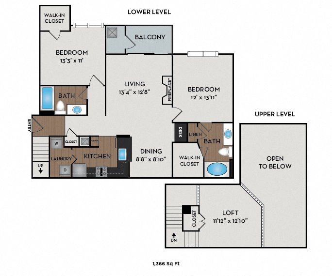 Floor plan for 2 beds, 2 baths, 1366 sqft