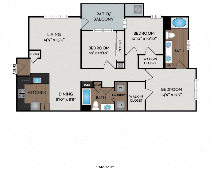 Floor plan for 3 beds, 2 baths, 1340 sqft