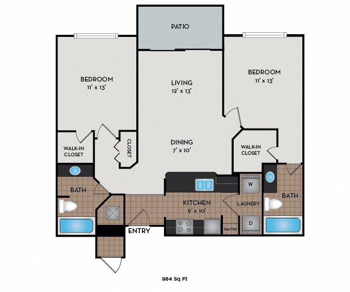 Floor plan for 2 beds, 2 baths, 984 sqft
