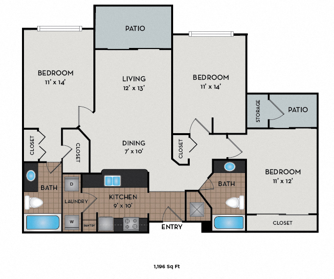 Floor plan for 3 beds, 2 baths, 1162 sqft