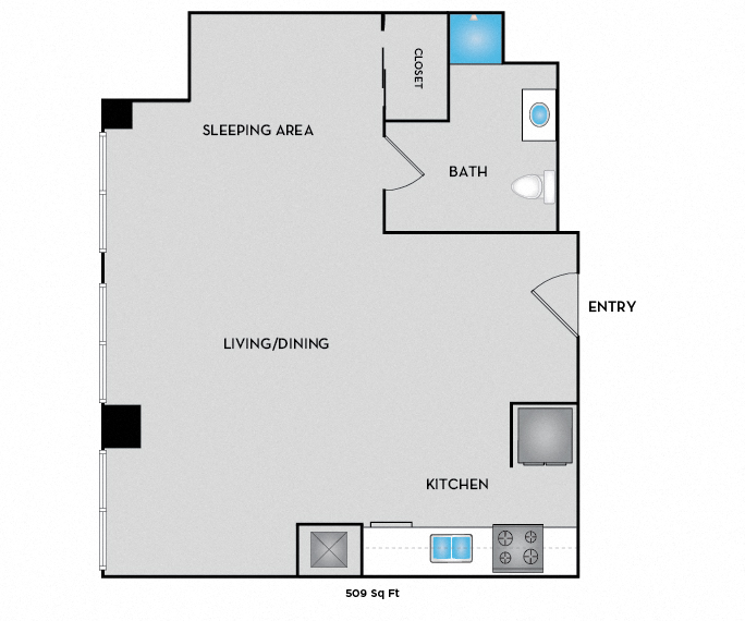 Floor plan for studio, 1 bath, 580 sqft
