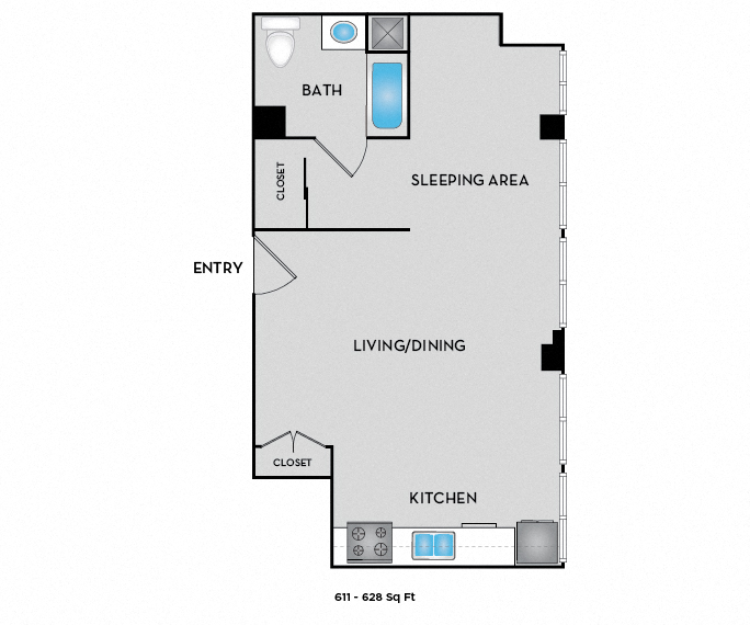 Floor plan for studio, 1 bath, 790 sqft