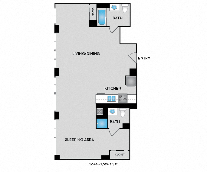 Floor plan for studio, 2 baths, 833 sqft