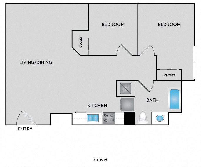 Floor plan for 2 beds, 2 baths, 716 sqft