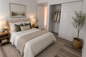 Thornton apartment for rent - A bedroom with a large bed and a painting on the wall.