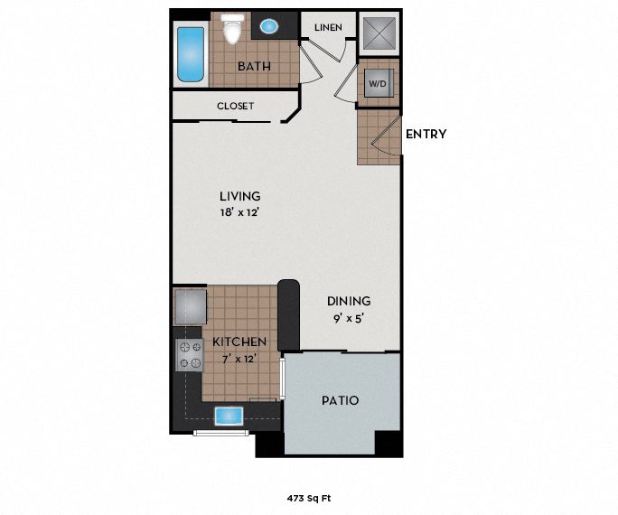 Floor plan for studio, 1 bath, 473 sqft