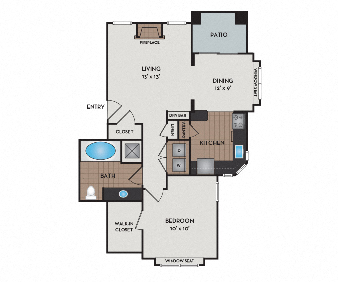 Floor plan for 1 bed, 1 bath, 752 sqft
