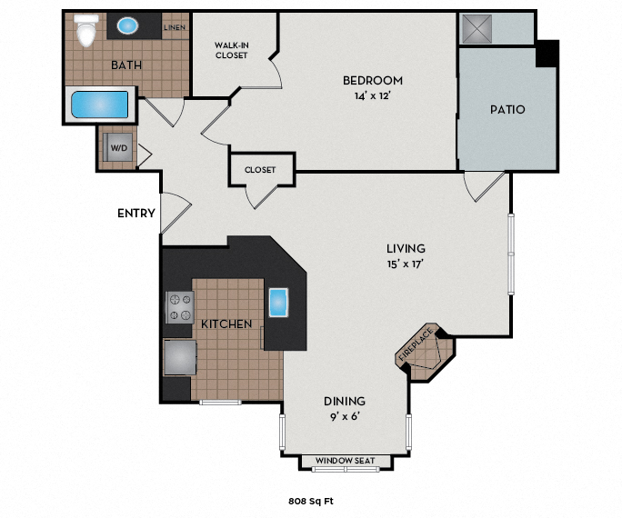 Floor plan for 1 bed, 1 bath, 808 sqft