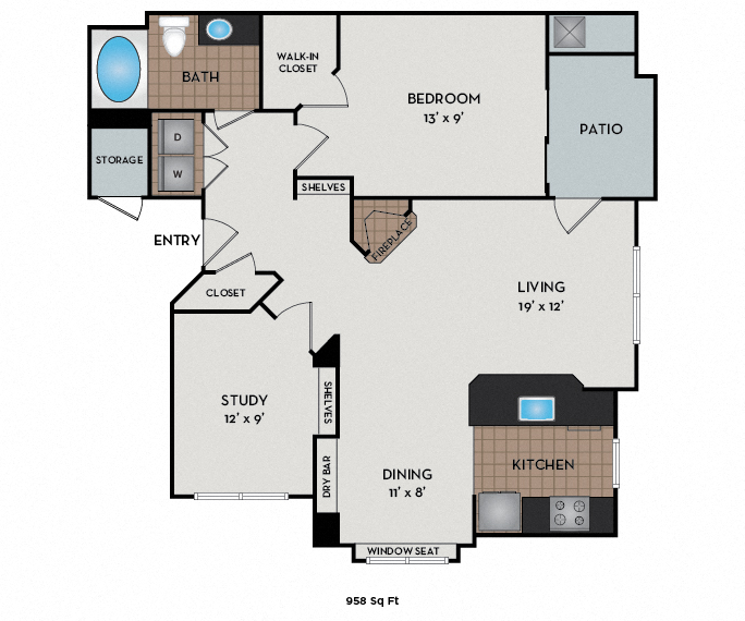 Floor plan for 1 bed, 1 bath, 958 sqft