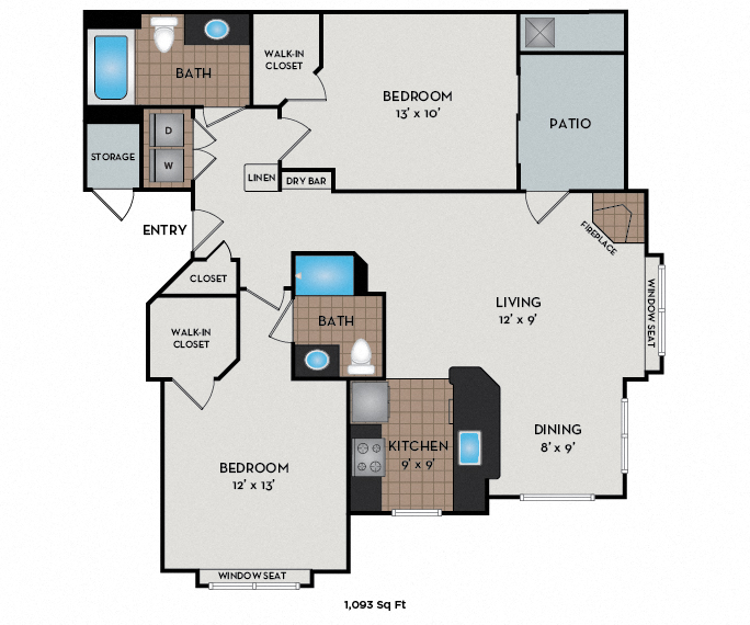 Floor plan for 2 beds, 2 baths, 1093 sqft
