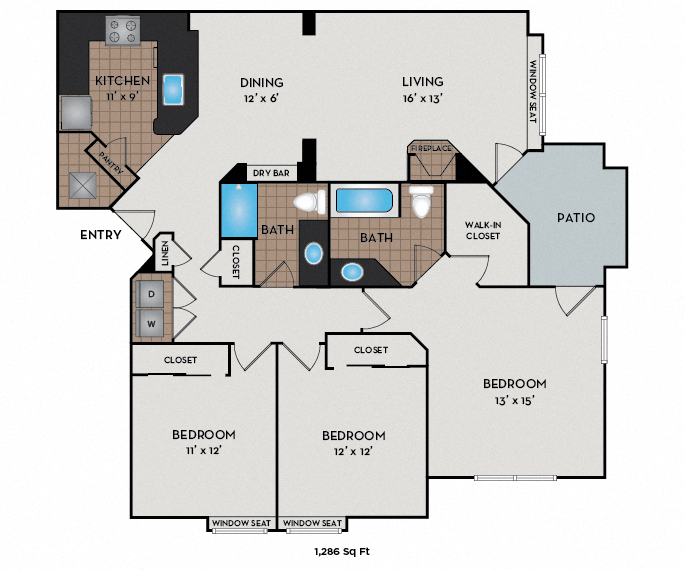 Floor plan for 3 beds, 2 baths, 1286 sqft