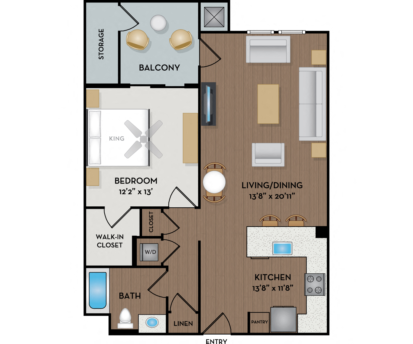 Floor plan for 1 bed, 1 bath, 780 sqft