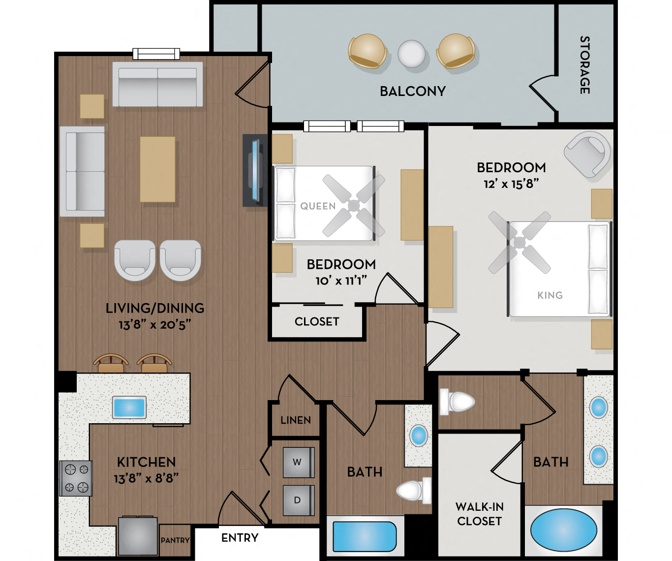 Floor plan for 2 beds, 2 baths, 1059 sqft