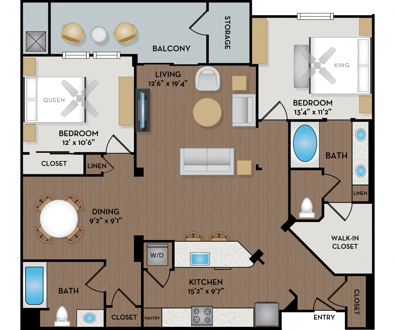 Floor plan for 2 beds, 2 baths, 1198 sqft