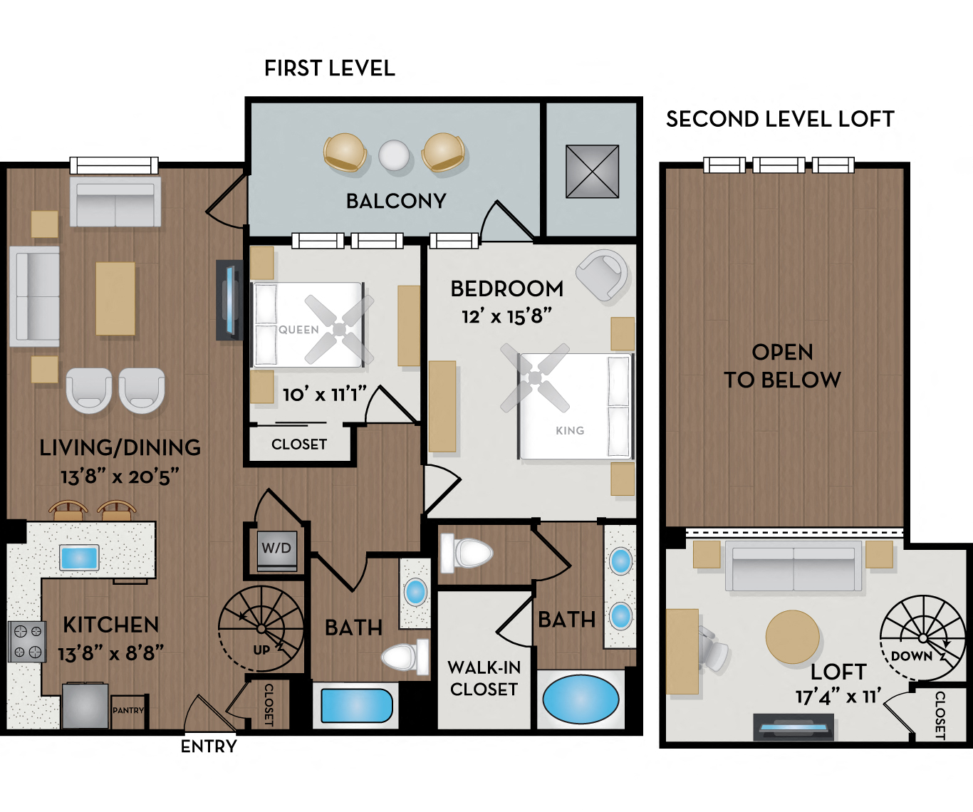 Floor plan for 2 beds, 2 baths, 1261 sqft