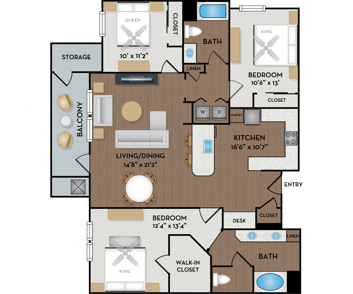 Floor plan for 3 beds, 2 baths, 1453 sqft