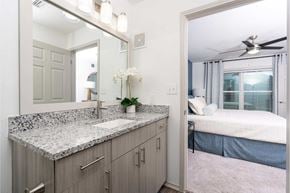 Grapevine apartment for rent - A bathroom with a marble countertop and a bedroom with a bed and a ceiling fan.