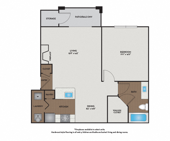 Floor plan for 1 bed, 1 bath, 751 sqft