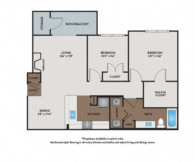 Floor plan for 2 beds, 1 bath, 920 sqft