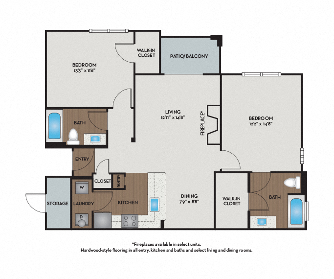 Floor plan for 2 beds, 2 baths, 1022 sqft