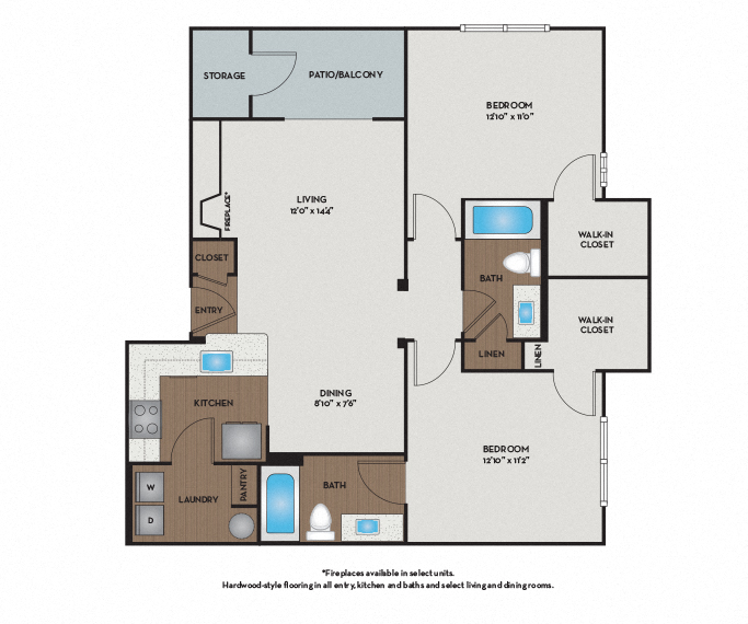 Floor plan for 2 beds, 2 baths, 954 sqft