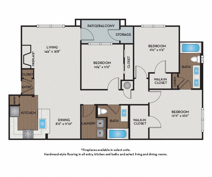 Floor plan for 3 beds, 2 baths, 1219 sqft