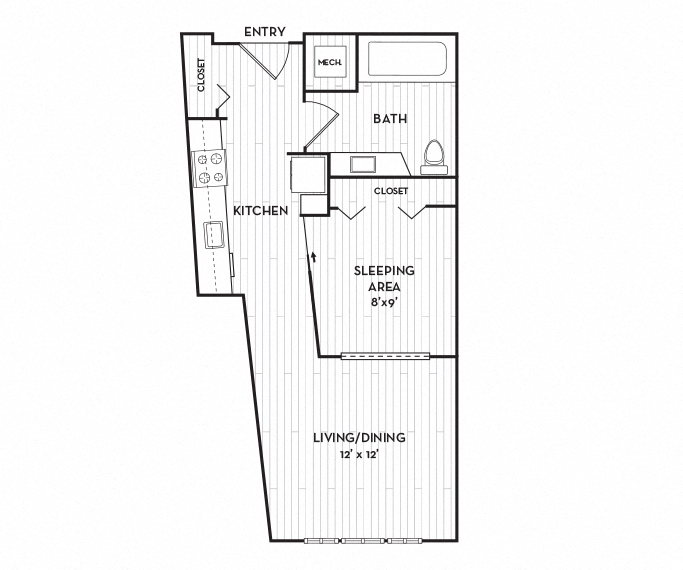 Floor plan for studio, 1 bath, 466 sqft