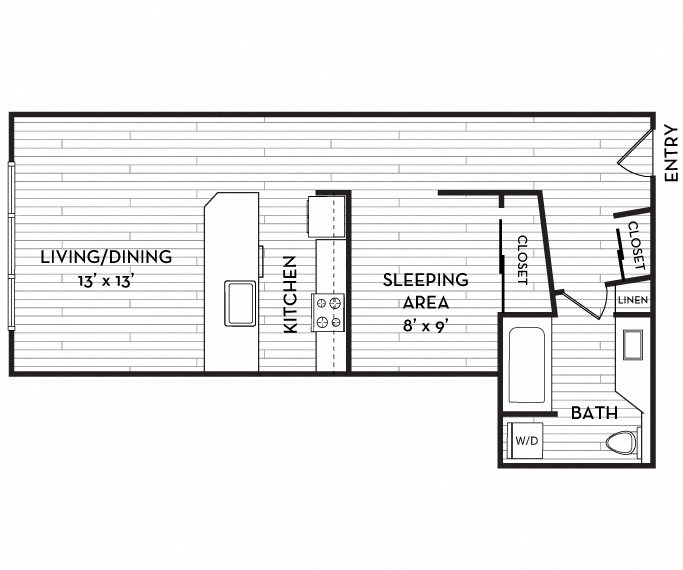 Floor plan for studio, 1 bath, 649 sqft