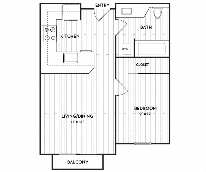 Floor plan for 1 bed, 1 bath, 621 sqft