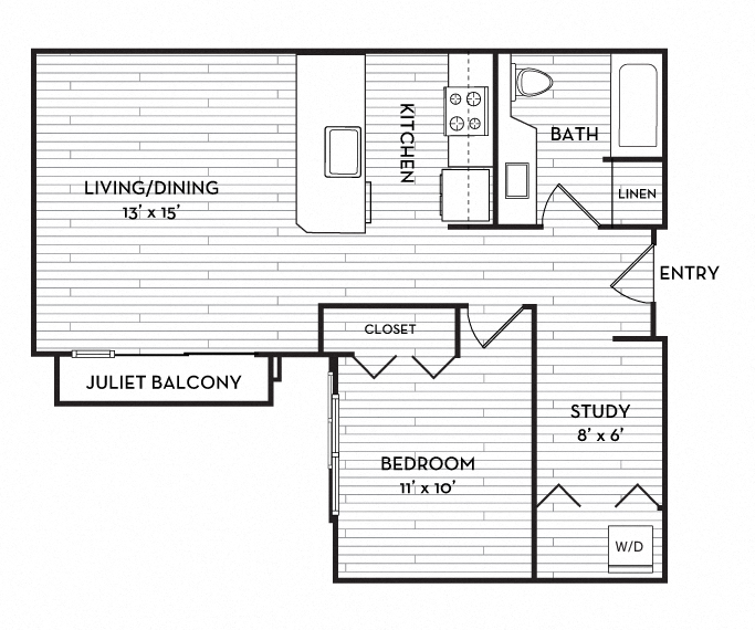 Floor plan for 1 bed, 1 bath, 635 sqft