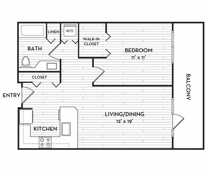 Floor plan for 1 bed, 1 bath, 670 sqft