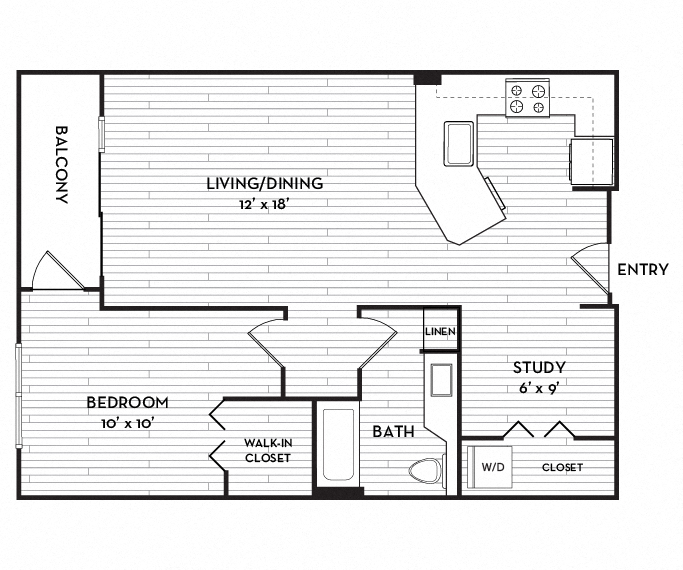 Floor plan for 1 bed, 1 bath, 708 sqft
