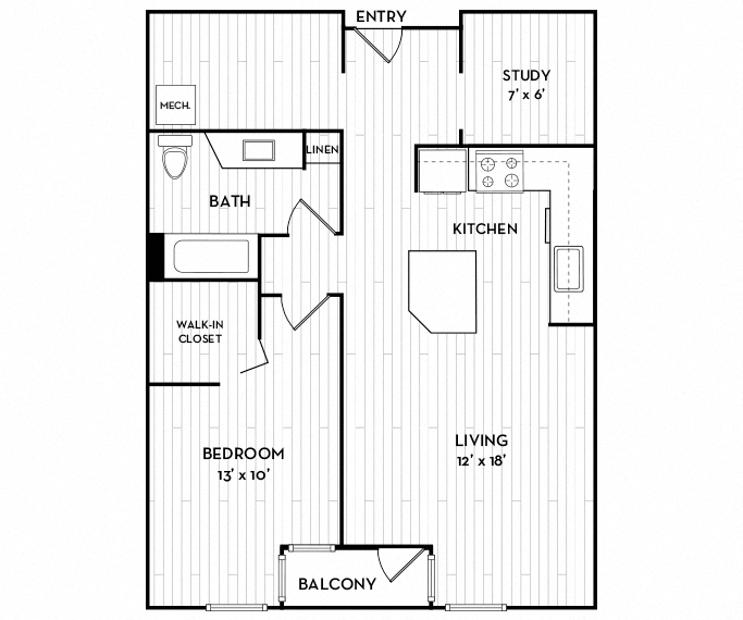 Floor plan for 1 bed, 1 bath, 764 sqft