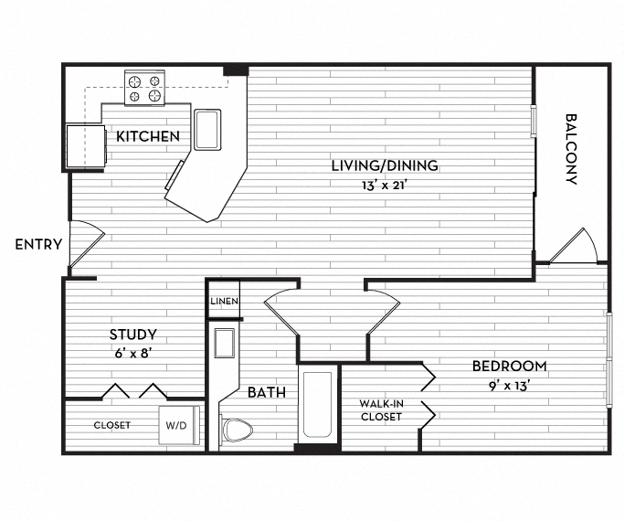Floor plan for 1 bed, 1 bath, 791 sqft