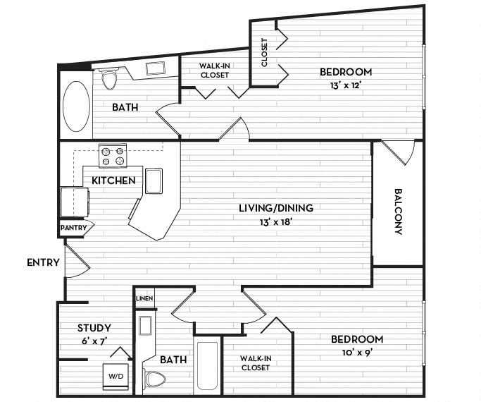 Floor plan for 2 beds, 2 baths, 1042 sqft