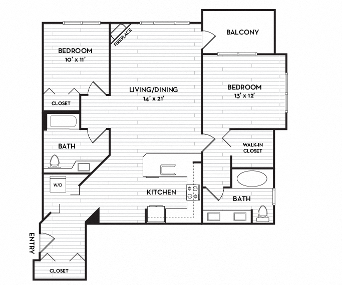 Floor plan for 2 beds, 2 baths, 1154 sqft