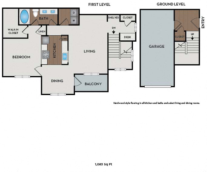 Floor plan for 1 bed, 1 bath, 1083 sqft