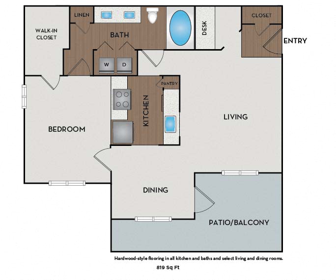 Floor plan for 1 bed, 1 bath, 819 sqft