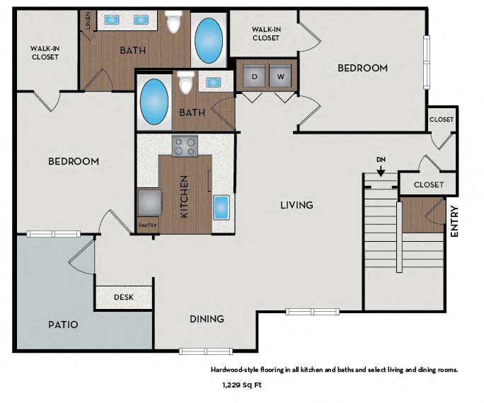 Floor plan for 2 beds, 2 baths, 1109 sqft