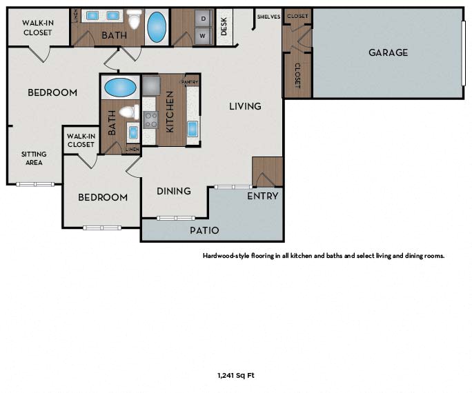 Floor plan for 2 beds, 2 baths, 1254 sqft