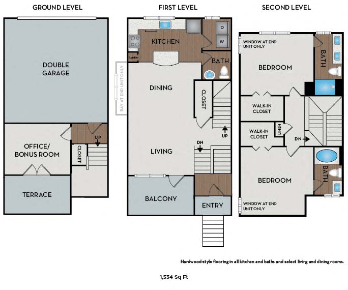 Floor plan for 2 beds, 2.5 baths, 1534 sqft