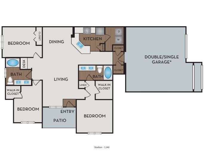Floor plan for 3 beds, 2 baths, 1540 sqft