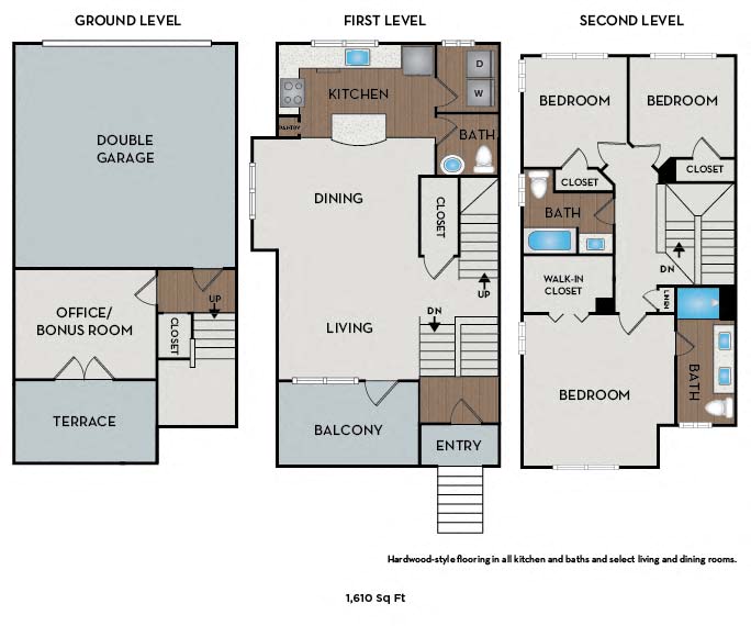 Floor plan for 3 beds, 2.5 baths, 1610 sqft