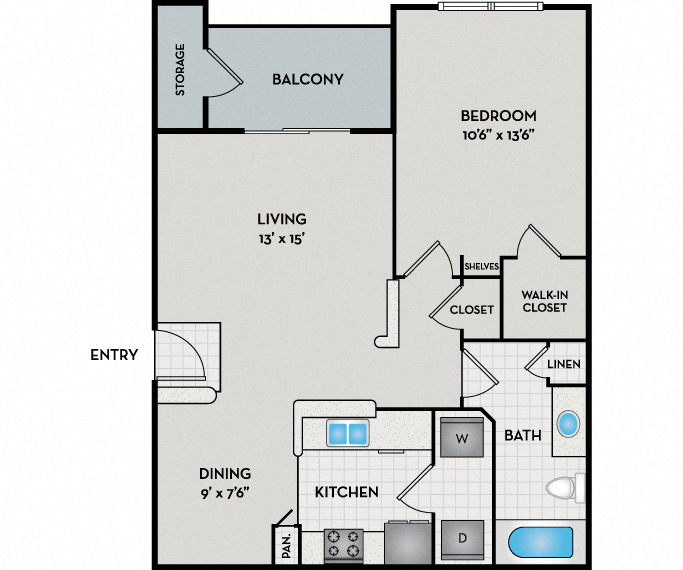 Floor plan for 1 bed, 1 bath, 706 sqft