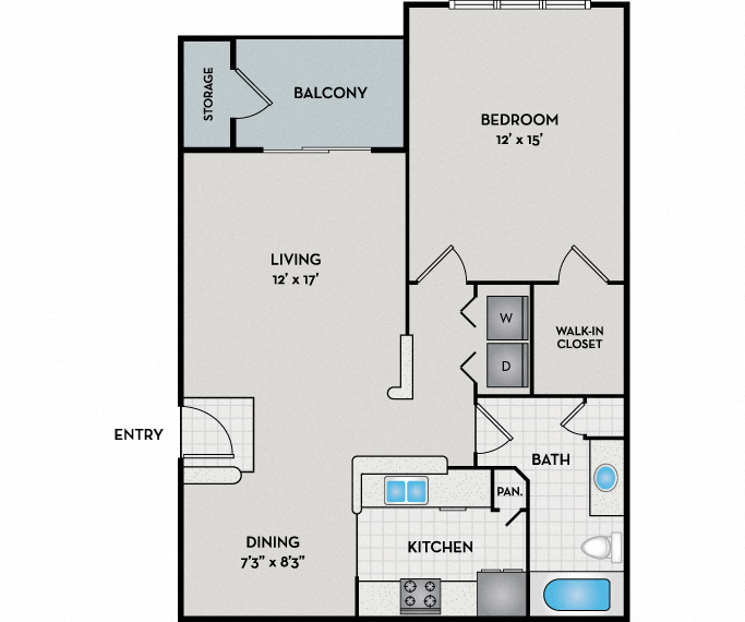 Floor plan for 1 bed, 1 bath, 752 sqft