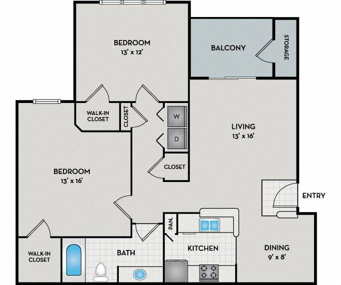 Floor plan for 2 beds, 1 bath, 974 sqft