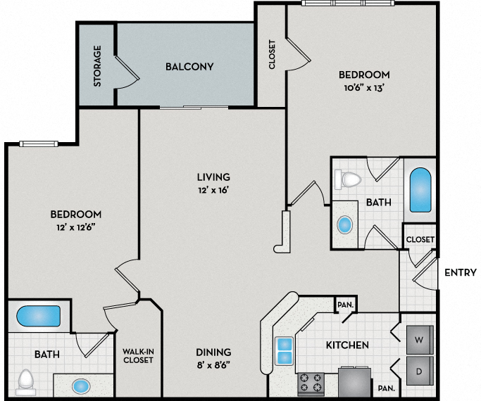 Floor plan for 2 beds, 2 baths, 1051 sqft