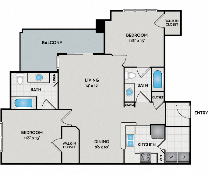 Floor plan for 2 beds, 2 baths, 1054 sqft