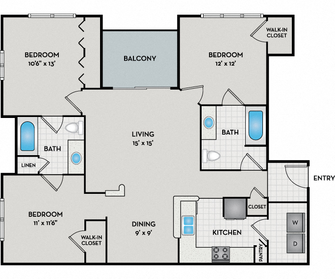 Floor plan for 3 beds, 2 baths, 1220 sqft